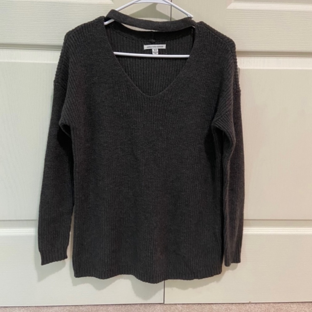 American Eagle Dark Gray Choker Cutout Sweater